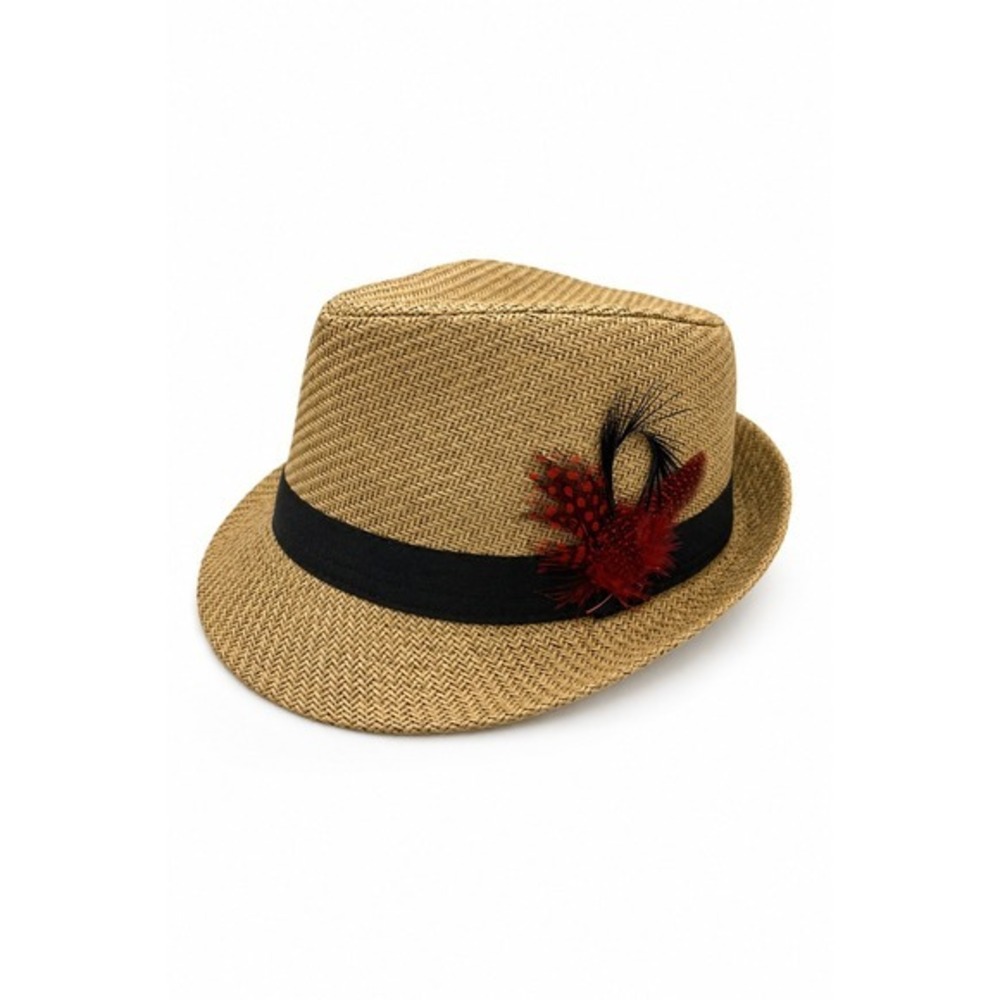 Tan Fedora Feather Gangster Straw Hat OS Summer Music Festival Derby Horse Race